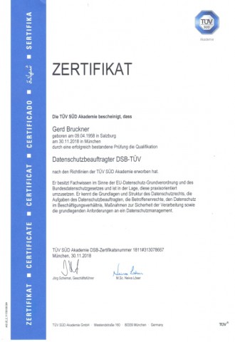 Zertifikat Datenschutzbeauftragter Gerd Bruckner