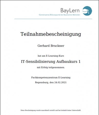 IT-Sensibilisierung Aufbaukurs - Teilnahmebescheinigung Gerd Bruckner